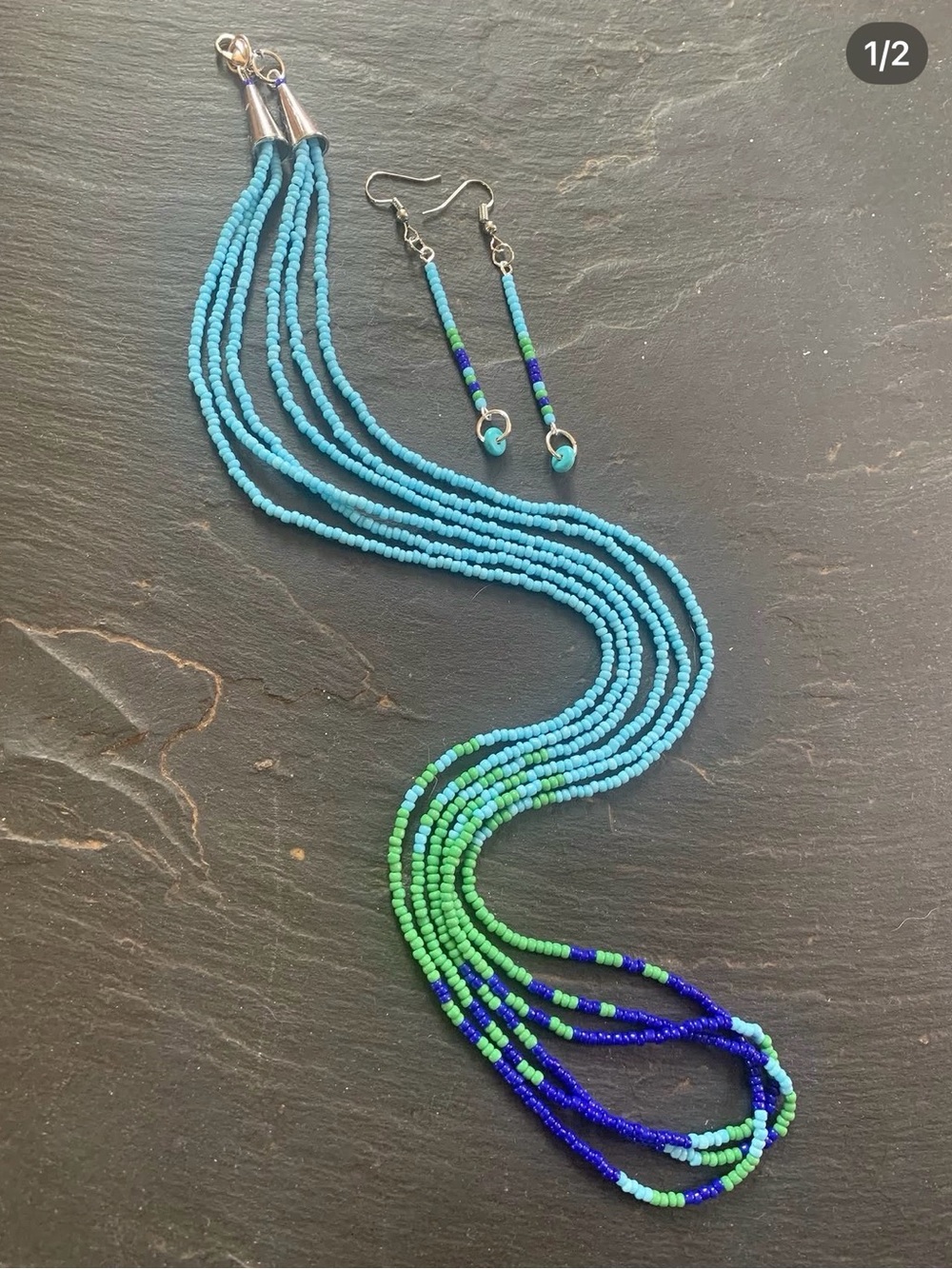 Handmade Blue & Green Seed Bead Necklace with Matching Earrings